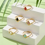Teardrop Natural Rhodochrosite & Black Onyx & White Jade & Red Agate & Amazonite Finger Rings, Real 18K Gold Plated 304 Stainless Steel Adjustable Rings for Women, Teardrop: 11x6mm, US Size 6 1/4(16.7mm)(RJEW-Q004-02G)