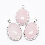 Natural Rose Quartz Pendants, with Brass Findings, Oval, Platinum, 30x21x10~11mm, Hole: 6x4mm(G-D851-03)