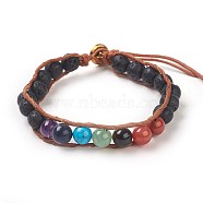 Natural Lava Rock Cord Beaded Bracelets, Natural & Synthetic Mixed Stone, with Leather Cord and Alloy Clasps, Om Symbol, Antique Golden, 7-1/4 inch~8-1/8 inch(18.5~20.5cm), 1mm(BJEW-E351-02I)