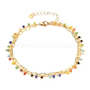 2 Layered Brass Curb Chains Anklets, with Handmade Glass Beaded Chains & Paperclip Chains, 304 Stainless Steel Heart Charms, Lobster Claw Clasps, Colorful, 9-1/4 inch(23.5cm)(AJEW-AN00311-02)