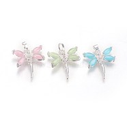 Cat Eye Pendants, with Rhinestone and Brass Findings, Dragonfly, Silver Color Plated, Mixed Color, 23x21.5x4.5mm, Hole: 3.5x4mm(KK-F793-25)