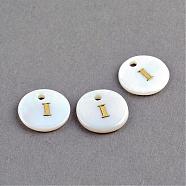 Freshwater Shell Pendants, Flat Round with Gold Blocking Letter.I, 11.5x2mm, Hole: 1.5mm(SSHEL-S249-I)