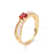 Real 18K Gold Plated Brass Micro Pave Cubic Zirconia Rings, Glass Rhinestone and Plastic Imitation Pearl Adjustable Rings for Women, Red, 2.5~5mm, Inner Diameter: US Size 7 1/4(17.5mm)(RJEW-J017-VC194)