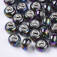 Perles européennes en résine opaque, Perles avec un grand trou   , imitation porcelaine, en laiton de tonalité de platine noyaux doubles, couleur ab , rondelle, noir, 14x9mm, Trou: 5mm