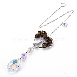 Natural Tiger Eye Big Pendants, with Platinum Brass Chain Extender and Findings, Plating Glass Teardrop & Flower, Clear AB Color, Heart with Tree of Life, 130mm, Hole: 4mm(G-N333-008D)