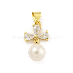 Rack Plating Brass Pave Cubic Zirconia Pendants, with ABS Imitation Pearl, Cadmium Free & Lead Free, Long-Lasting Plated, Real 18K Gold Plated, Teardrop, 21x11.5x7.5mm, Hole: 3x5mm(KK-G513-24G)