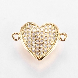 Brass Micro Pave Cubic Zirconia Links, Clear, Real 18K Gold Plated, Heart, 12x17.5x5.5mm, Hole: 1mm(X-ZIRC-L068-27G)