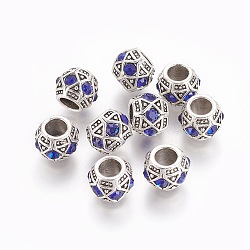 Antique Silver Plated Alloy European Beads, Large Hole Beads, with Rhinestone, Rondelle, Light Sapphire, 11x9mm, Hole: 5mm(CPDL-L019-01AS)