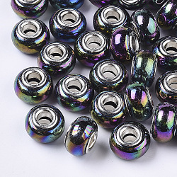 Opaque Resin European Beads, Large Hole Beads, Imitation Porcelain, with Platinum Tone Brass Double Cores, AB Color, Rondelle, Black, 14x9mm, Hole: 5mm(X-RPDL-T038-007A)