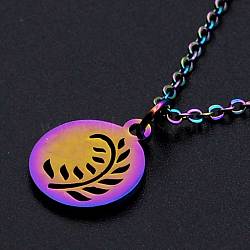 201 Stainless Steel Pendants Necklaces, with Cable Chains and Lobster Claw Clasps, Flat Round with Leaf, Rainbow Color, 15-3/4 inch(40cm), 1.5mm(NJEW-S105-JN629)