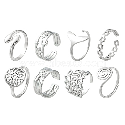 8Pcs 8 Style Whale Tail & Wave & Flower & Vortex & Snake Stainless Steel Open Cuff Ring Set, Adjustable Rings for Women, Stainless Steel Color, Inner Diameter: 16.5~17.9mm, 1Pc/style(RJEW-FS0001-02)