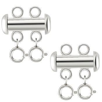 925 Sterling Silver Slide Lock Clasps, 2-Strand, 4-Hole, with Double Spring Ring Clasps, Silver, 17x19.5mm, 2pcs/set