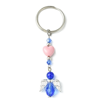 Glass & Acrylic Pendant Keychain, with Iron Split Key Rings, Heart & Angel, Royal Blue, 8.1~8.2cm
