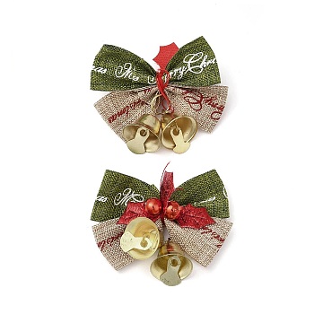 Christmas Polyester Bowknot Ornament Accessories, with Iron Bell, PVC Findings, Golden, Dark Khaki, 47~48x52x13.5mm