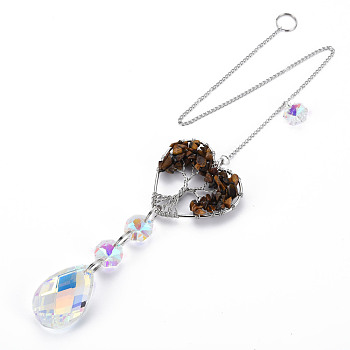 Natural Tiger Eye Big Pendants, with Platinum Brass Chain Extender and Findings, Plating Glass Teardrop & Flower, Clear AB Color, Heart with Tree of Life, 130mm, Hole: 4mm