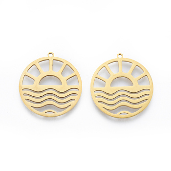 201 Stainless Steel Pendants, Flat Round with Sun, Real 18K Gold Plated, 27x25x1mm, Hole: 1.4mm