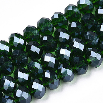 Electroplate Glass Beads Strands, Pearl Luster Plated, Faceted, Rondelle, Dark Green, 3.5x3mm, Hole: 0.4mm, about 123~127pcs/strand, 13.7~14.1 inch(35~36cm)