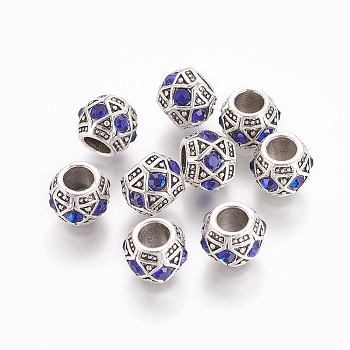 Antique Silver Plated Alloy European Beads, Large Hole Beads, with Rhinestone, Rondelle, Light Sapphire, 11x9mm, Hole: 5mm