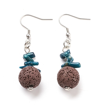 Natural Lava Rock Dangle Earrings, with Synthetic Gemstones, Alloy Spacer Beads and Stainless Steel Earring Hooks, Round, Coconut Brown, 55~56mm, Pin: 0.7mm