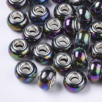 Opaque Resin European Beads, Large Hole Beads, Imitation Porcelain, with Platinum Tone Brass Double Cores, AB Color, Rondelle, Black, 14x9mm, Hole: 5mm