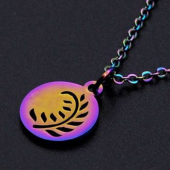 201 Stainless Steel Pendants Necklaces, with Cable Chains and Lobster Claw Clasps, Flat Round with Leaf, Rainbow Color, 15-3/4 inch(40cm), 1.5mm