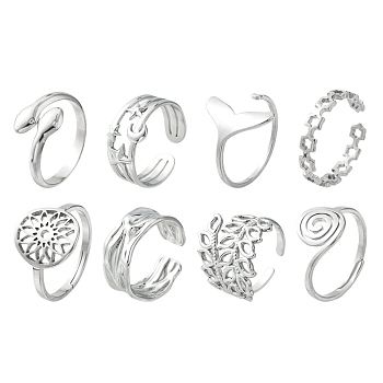 8Pcs 8 Style Whale Tail & Wave & Flower & Vortex & Snake Stainless Steel Open Cuff Ring Set, Adjustable Rings for Women, Stainless Steel Color, Inner Diameter: 16.5~17.9mm, 1Pc/style