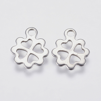 201 Stainless Steel Charms, Hollow Clover, Stainless Steel Color, 12x10x0.8mm, Hole: 2mm