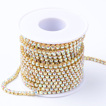 Brass Rhinestone Strass Chains, with Spool, Rhinestone Cup Chains, Raw(Unplated), Nickel Free, Crystal AB, 2.8mm, about 10yards/roll