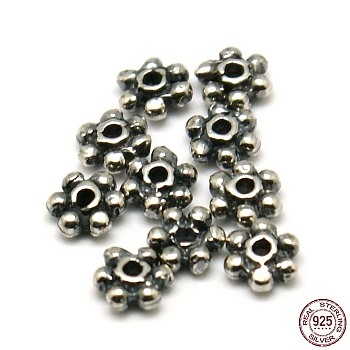 925 Sterling Silver Daisy Spacer Beads, Flowerr, Antique Silver, 3x3x1mm, Hole: 0.5mm