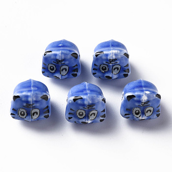 Handmade Porcelain Beads, Famille Rose Style, Tiger, Cornflower Blue, about 12x10.5x11mm, Hole: 1.8mm