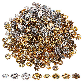 400Pcs 8 Styles Tibetan Style Bead Caps, Flower, Antique Silver & Antique Golden, 6~9x2~4mm, Hole: 1~1.5mm, 50pcs/style