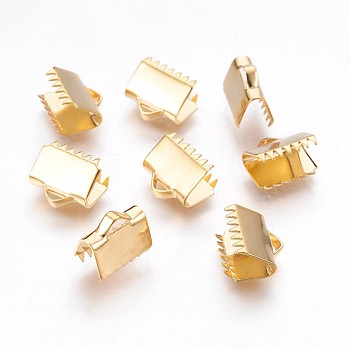 304 Stainless Steel Ribbon Crimp Ends, Rectangle, Golden, 9x10.5mm, Hole: 2x3.5mm