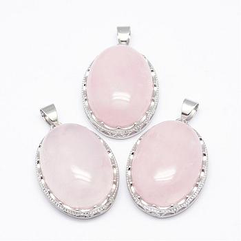 Natural Rose Quartz Pendants, with Brass Findings, Oval, Platinum, 30x21x10~11mm, Hole: 6x4mm