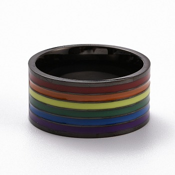 Pride Style 201 Stainless Steel Finger Rings, Wide Band Rings, with Enamel, Colorful, Electrophoresis Black, US Size 7(17.3mm)
