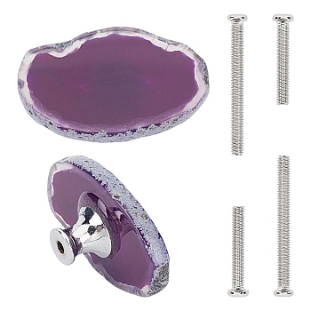 Natural Dyed Agate Drawer Knobs, Anomaly Shaped Drawer Pulls Handle, with Alloy Pedestal, Iron Screws, for Home, Cabinet, Cupboard and Dresser, Platinum, Indigo, 51.5~61.5x32~37x18~19mm, Hole: 4.2mm, Screws: 6x42mm, Pin: 4mm, 6x27mm, Pin: 4mm
