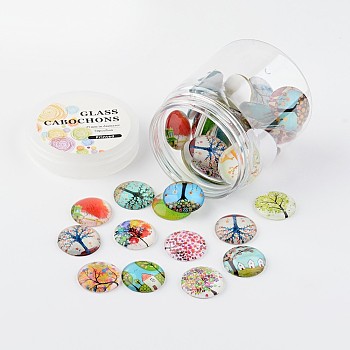 Glass Cabochons, Tree of Life Printed, Half Round/Dome, Mixed Color, 25x7mm, about 50pcs/box