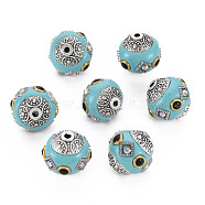 Handmade Indonesia Beads, with Rhinestone and Brass Findings, Round, Antique Silver, Medium Turquoise, 15x15mm, Hole: 1.8mm(IPDL-S054-003A)