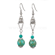 Synthetic GreenTurquoise Dangle Earrings, 304 Stainless Steel Long Drop Earrings, 60x10mm(EJEW-JE05621-01)