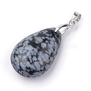 Natural Snowflake Obsidian Pendants, with Alloy Findings, teardrop, Platinum, 23~24x14x8mm, Hole: 4x5mm(G-S243-04)
