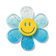 Gradient Color Transparent Acrylic Pendants, with Sequins, Sunflower with Smiling Face Charm, Deep Sky Blue, 30x27x4mm, Hole: 1.6mm(OACR-H004-01D)