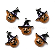 Halloween Opaque Resin Pendants, with Platinum Tone Iron Loops, Pumpkin with Witch Hat, Dark Orange, 29x26x7mm, Hole: 2mm(RESI-D055-101P)