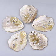 Electroplate Keshi Shell Pearl Big Pendants, Leaf, Light Gold, 64~65x51.5~53x3~5mm, Hole: 2mm(SHEL-T012-18)