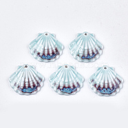 Handmade Porcelain Pendants, Fancy Antique Glazed Porcelain, Scallop Shell Shape, Aqua, 28.5x30x6mm, Hole: 2mm(X-PORC-S498-53A)