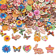 5 Style 2-Hole Printed Wooden Buttons Sets, for Sewing Crafting, Star/Heart/Rabbit/Butterfly/Flower, Mixed Color, 18~30x24~30x2~2.5mm, hole: 1.6~2.4mm(WOOD-NB0002-56)