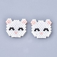 Handmade Seed Beads Pendants, with Elastic Thread, Loom Pattern, Cat Shape, White, 18~19x19~20x1.5mm(SEED-I012-33A)