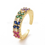Colorful Cubic Zirconia Flower Open Cuff Rings, Brass Jewelry for Women, Golden, US Size 7 1/4(17.5mm)(RJEW-F138-03G)