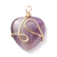 Natural Amethyst Pendants, with Golden Tone Copper Wire Wrapped, Heart, 40.5x30x8.5mm, Hole: 4.2mm(PALLOY-JF01490-03)