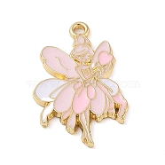 Golden Plated Alloy Eanaml Pendants, Fairy Charm, Pink, 20x19.5x1.5mm, Hole: 2mm(PALLOY-S184-04G-A)