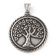 304 Stainless Steel Pendants, with 201 Stainless Steel Snap on Bails, Flat Round with Tree Charms, Antique Silver, 42.5x38x4mm, Hole: 8.5x5mm(STAS-A083-21AS)