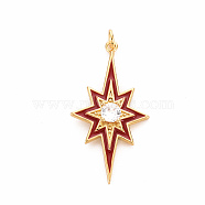 Brass Micro Pave Clear Cubic Zirconia Pendants, with Enamel and Jump Ring, Cadmium Free & Nickel Free & Lead Free, Star, Real 16K Gold Plated, FireBrick, 34.5x18x4mm, Jump Ring: 4.5x0.8mm, 2.9mm inner diameter(Y-ZIRC-S067-071D-NR)